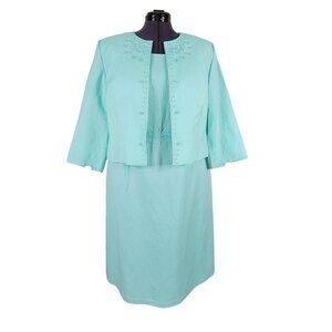 Jessica Howard Dress Suit Size 14W Linen Blend Slit Bracelet Cuff Jacket Green